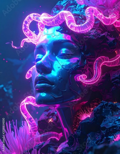 Serene Face with Glowing Neon Snakes in Surreal Setting