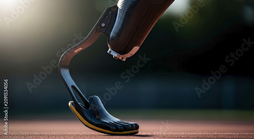Close up of carbon fiber prosthetic foot striking a running track. Amputee athlete training with bionic limb. Sports and disability concept
