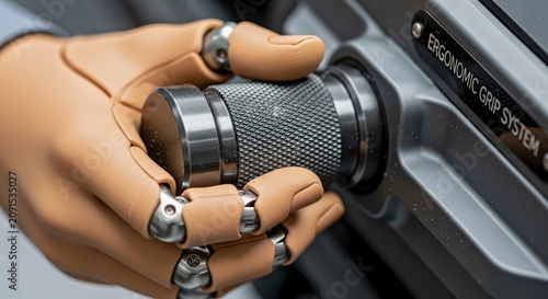 Bionic prosthetic hand gripping a knurled metal knob. Advanced robotic arm operating a machine. Ergonomic grip system concept