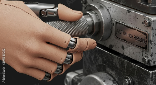 Close up of a robotic prosthetic hand gripping a metal handle. Bionic arm operating industrial machinery. Advanced prosthetics and cybernetics concept