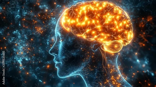 Conceptual Illustration of a Glowing Human Brain and Neural Network Profile