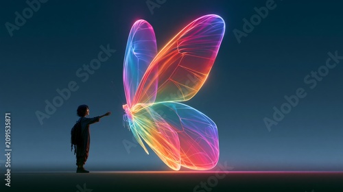 Smiling Young Woman Reaching Toward a Giant Glowing Butterfly, Dreamlike Transformation and Hope Concept with Premium Surreal Illustration and Large Copy Space for Advertising