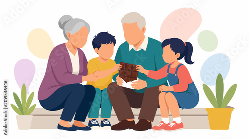 World Chocolate Day Family Reading Moment with Elderly Grandparent and Children.