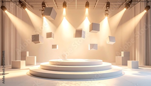 A white stage bathed in bright spotlights, showcasing a central platform and floating geometric cubes