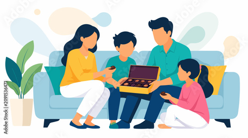 World Chocolate Day Family Using Laptop Together in Living Room.