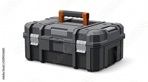 Industrial 3D toolbox case isolated on white for construction equipment storage and mechanical hardware organization with ergonomic handle