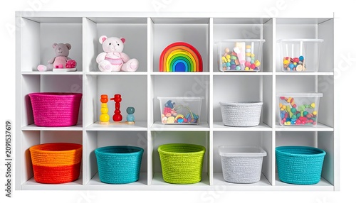 A white storage unit displays toys and containers. Cubbies hold stuffed animals, a rainbow, and colorful playthings. Woven baskets and clear boxes organize the items