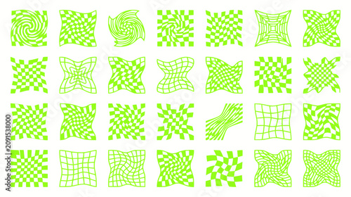 Fotografie Vibrant green warped checkerboard and wavy grid pattern collection
