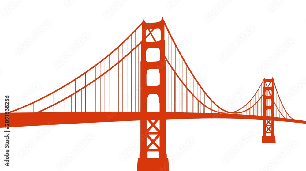 Fototapeta premium Minimalist orange silhouette of the Golden Gate Bridge in San Francisco, California, featuring suspension cables, towers, and roadway isolated on a white background for graphic design.