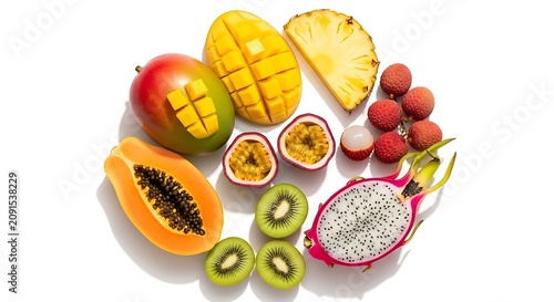 Fresh tropical fruits on white background.