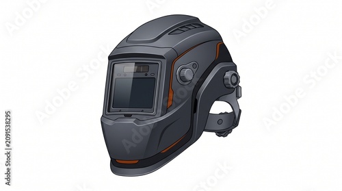 3D illustration of a modern auto-darkening welding helmet, isolated on a white background, featuring a dark gray shell with orange accents