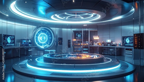 Futuristic circular laboratory interior with glowing displays, machinery, and workstations