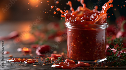 Red Pasta Sauce Explosion From Jar on Rustic Food Background