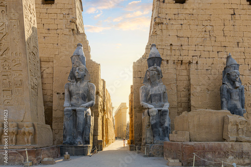 The magnificent entrance gateway (First Pylon) of the Luxor Temple, a massive ancient Egyptian temple complex situated on the east bank of the Nile River in ancient Thebes, no modern-day Luxor, Egypt