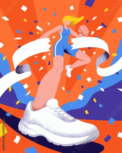Female athlete running breaking finish line tape with oversized white sneaker sports marathon confetti.
