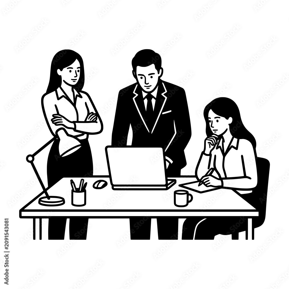 Fototapeta premium Business Team Working Together at Office Desk Professional Corporate Meeting Project Discussion and Laptop Presentation Concept Line Art Black and White Vector Illustration