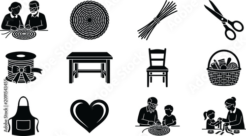 Tableau sur toile Set of handcrafted wicker furniture and weaving craft icons.