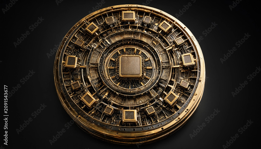 Fototapeta premium Circular golden quantum processor microchip assembly on dark background