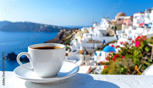 A white coffee cup sits on a saucer, overflowing with dark coffee, overlooking a seaside vista of blue waters and architecture