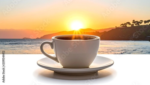A white coffee cup sits on a saucer with a beautiful sunrise over a coastal landscape in the background