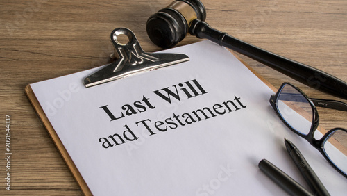 Last Will and Testament Document on Clipboard with Legal Gavel and Pen