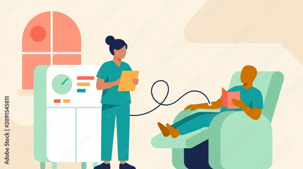 Fototapeta premium Flat illustration of dialysis patient with nurse and machine