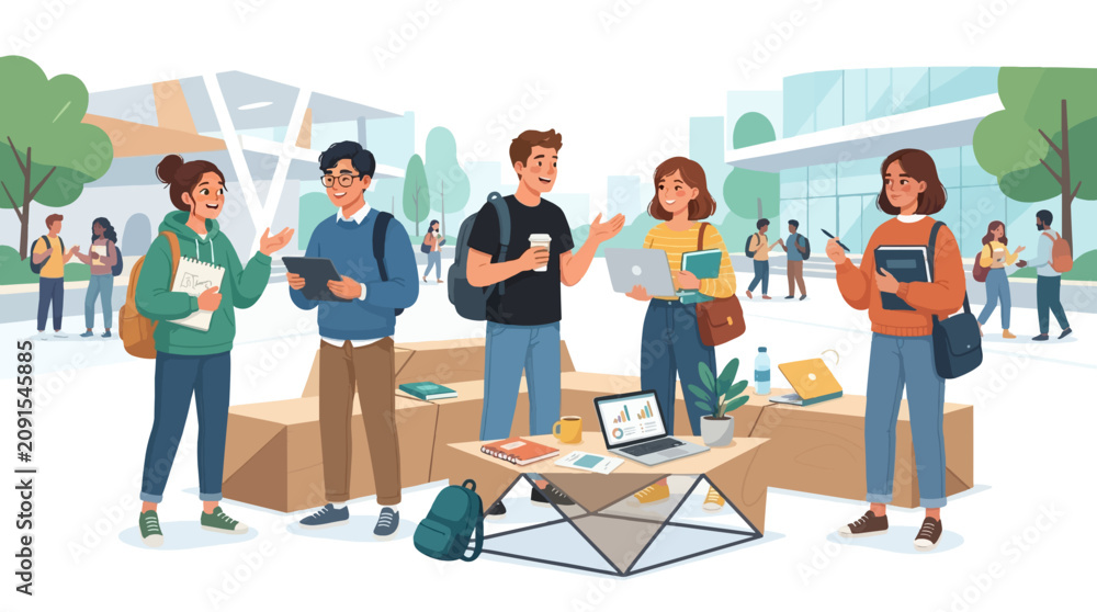 Obraz premium Campus Buzz: Young students gather on a sunny day in a lively university quad, engaged in discussion, using laptops, and holding books, surrounded by modern campus architecture.