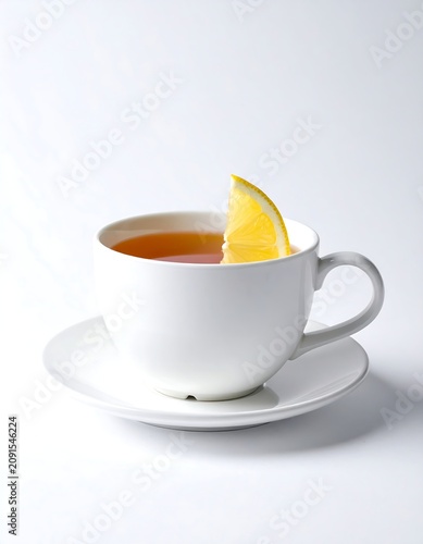 A white teacup filled with tea, garnished with a lemon slice, placed on a matching saucer against a stark white background