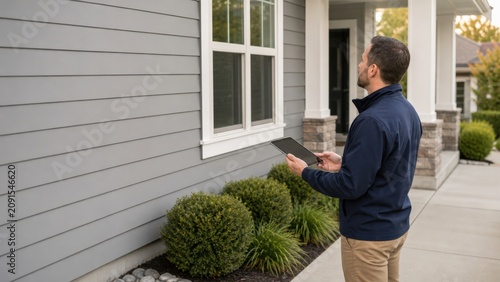 Home Energy Audit Middle Aged Slim Exterior Wall Inspection Detail