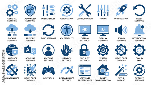Set of blue vector icons representing settings, preferences, configuration, and system optimization, including tools, gears, and controls