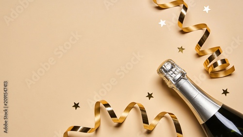 Luxury Sealed Champagne Bottle with Elegant Gold Ribbon Decoration on Clean Beige Background for Premium Celebration Concept