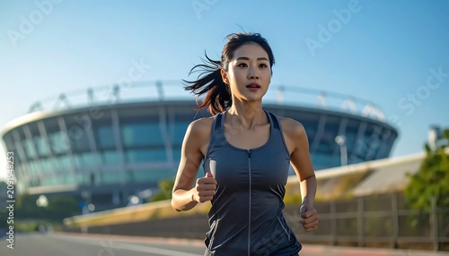 Woman Running Outdoors Near a Modern Stadium