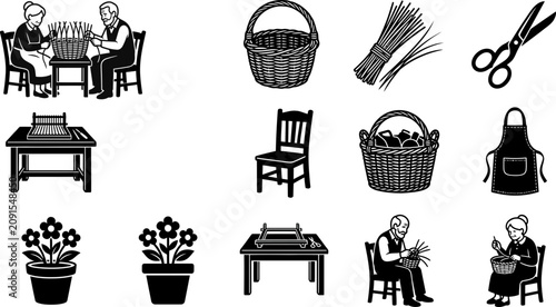 Cuadro en lienzo Set of black and white vintage icons depicting traditional basket weaving crafts and artisan tools