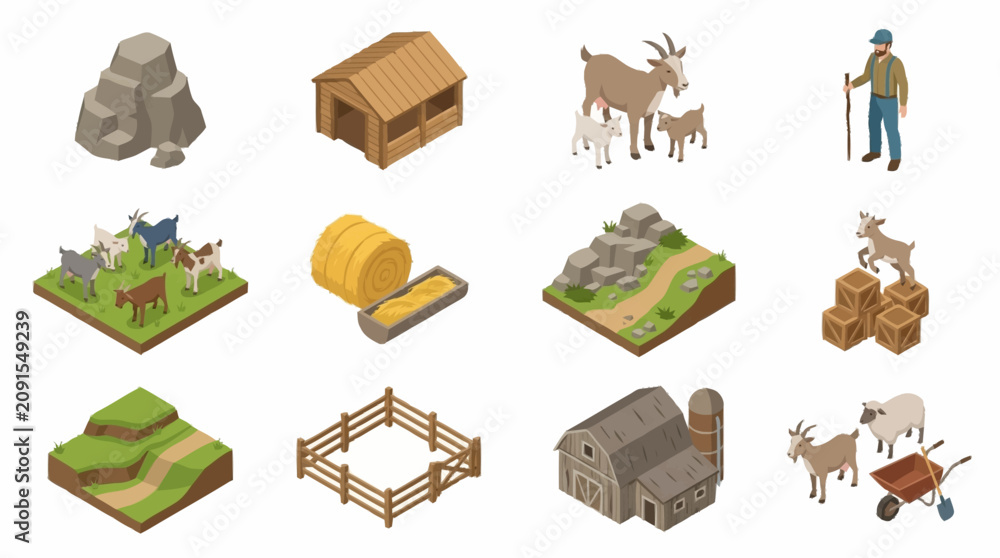 Obraz premium Isometric farm scene with animals and rural buildings.
