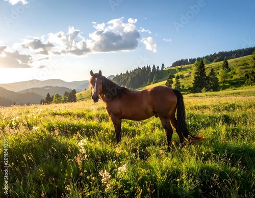 Brown Horse Standing in Mountain Meadow During Sunset