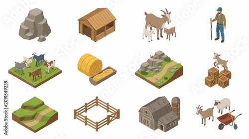 Isometric farm scene with animals and rural buildings.