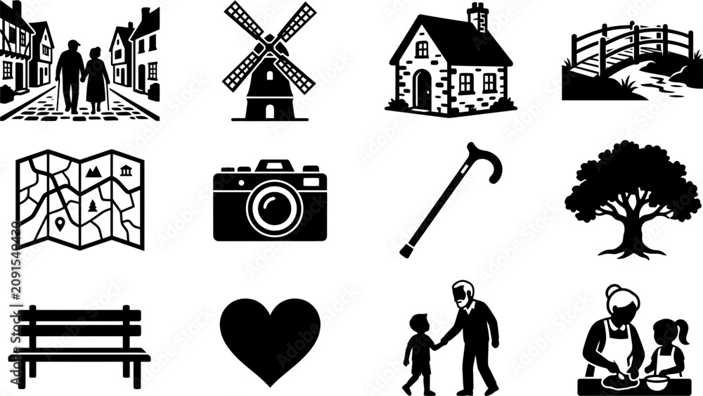 Fototapeta premium Set of black and white travel and lifestyle icons.