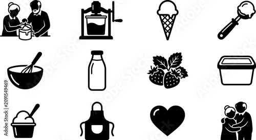 Schilderij op canvas Set of monochrome vector icons related to homemade ice cream making