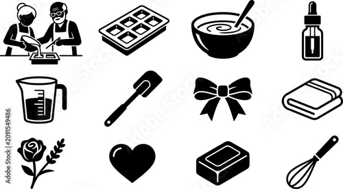 Foto Handmade soap making icon set for crafts and hobby activities.