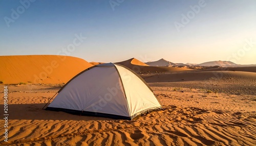 A white tent stands amidst golden sand dunes under a clear blue sky, suggesting desert camping. Mountains are in the distance
