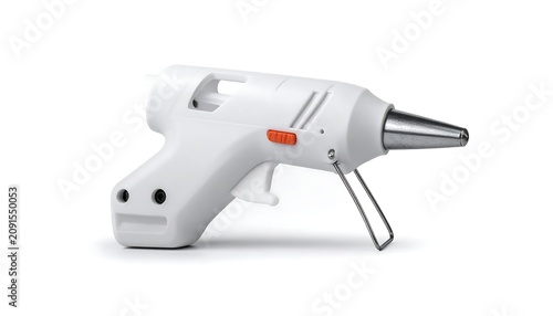 A white, cordless crafting tool with a trigger and nozzle. The device is for melting adhesive sticks, commonly used in art and hobby projects