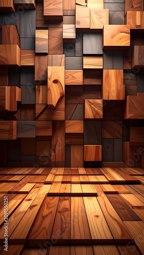 Abstract Wooden Block Arrangement on Wall and Floor