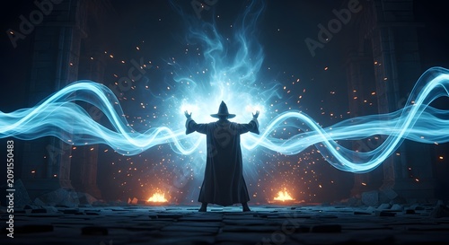 Wizard performing magic spell with blue energy