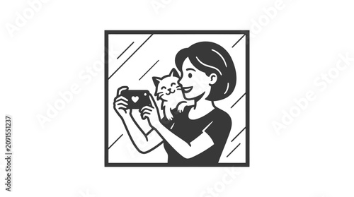 Vászonkép Woman Holding Camera with Cat.