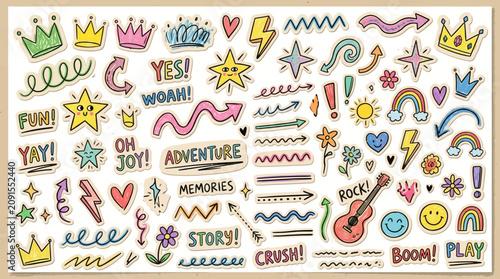 Colorful Hand Drawn Doodle Vector Sticker Set With Cute Stars Arrows Hearts And Positive Phrases