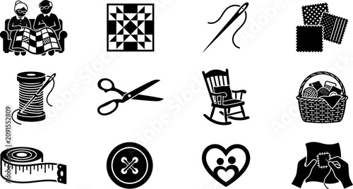 Obraz na plátně Set of black and white icons representing quilting and sewing activities