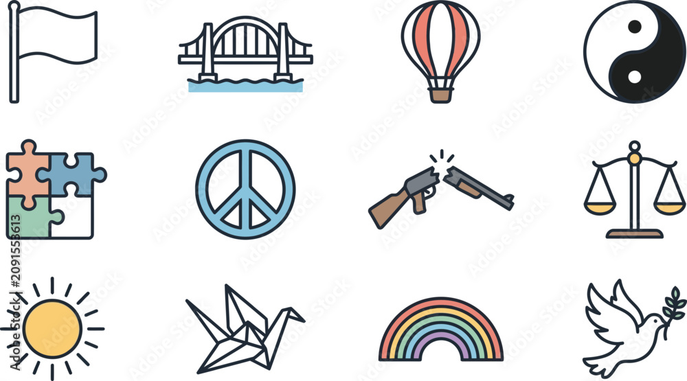 Obraz premium Collection of various colorful hand drawn flat vector icons representing peace and harmony.