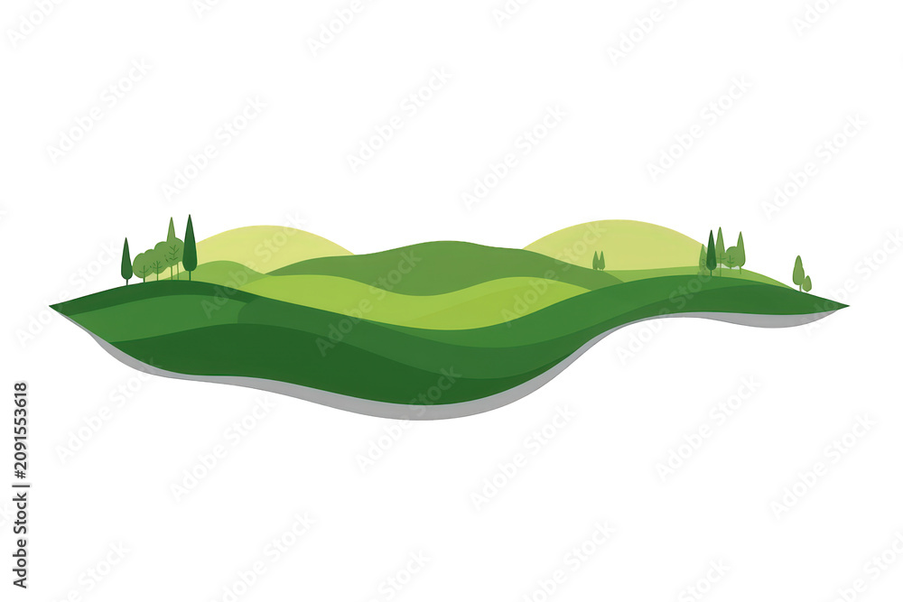 Obraz premium Rolling green hills landscape vector illustration with trees showing a peaceful countryside nature scene on transparent background