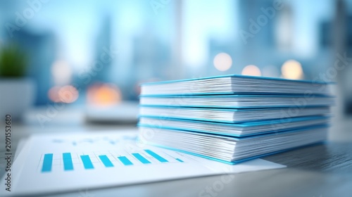 Stack of light blue business documents and financial bar chart on an office desk.