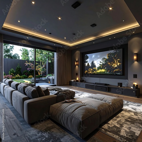 Modern Home Theater Room Featuring Large Screen Displaying Forest Landscape and Sliding Glass Doors to Garden